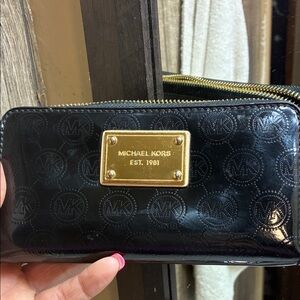 Michael Kors Black Patent Zip-Around Wallet with Gold Plaque
